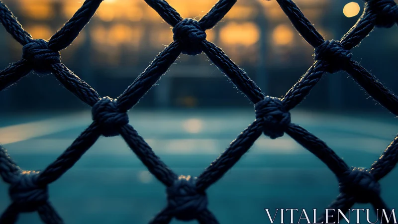 Shallow depth of field isolates knotted sports net against bokeh glow