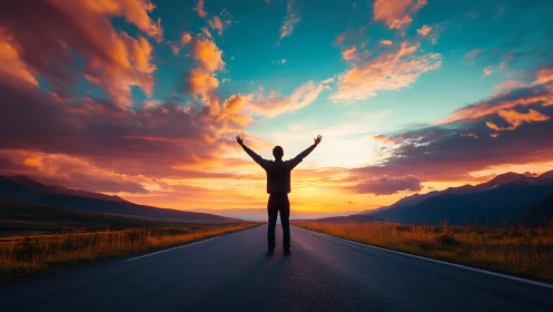 Person standing on open road at vivid sunset horizon.