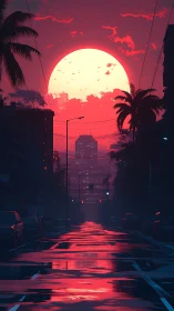 Neon dusk boulevard under oversized crimson sun reflection.