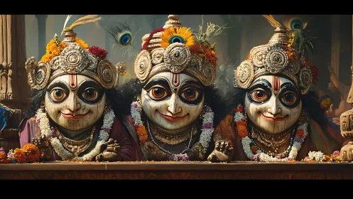 Triptych of ornate devotional deities rendered in vibrant detail