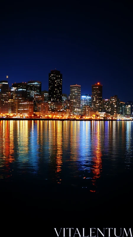 City lights shimmering softly across the midnight harbor.