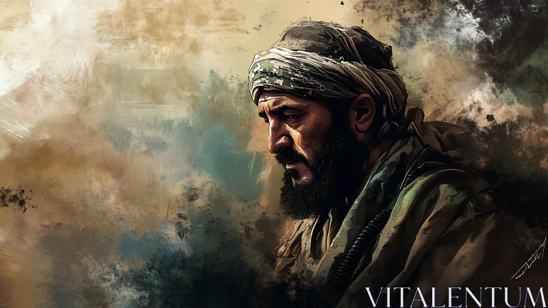 Stoic bearded wanderer in textured desert-toned portrait.