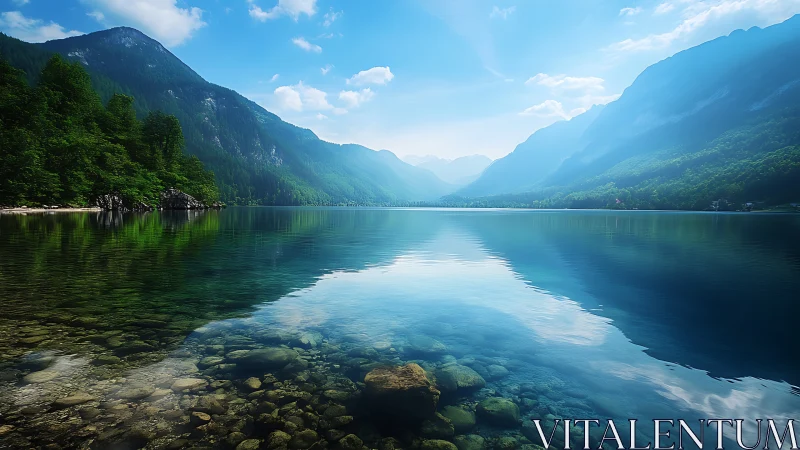 Crystal lake mirrors soft blue mountains in quiet morning