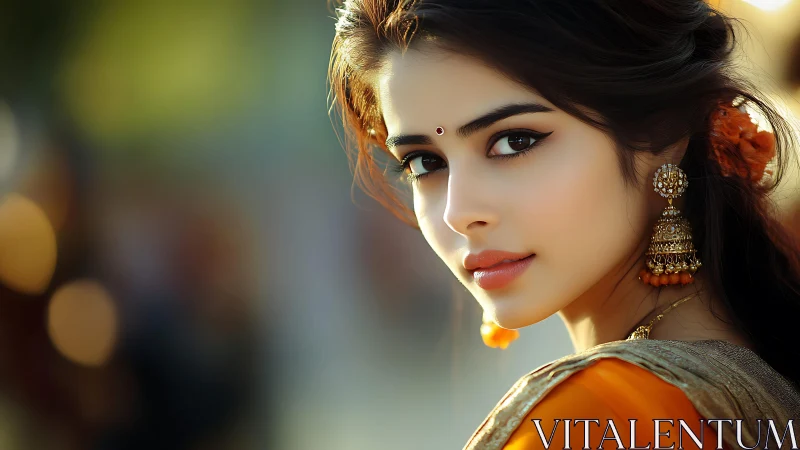 Warm sunset portrait of a woman in golden traditional dress.