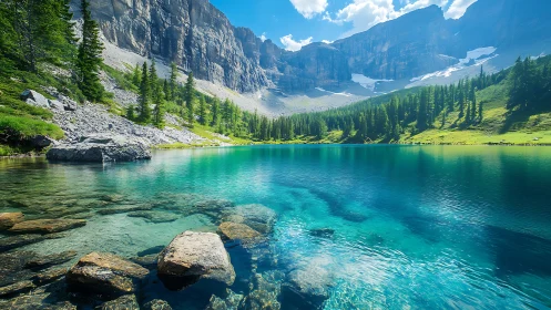 Glacial alpine lake with stratified cliffs and refracted clarity.
