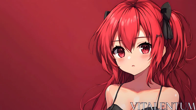 Red haired anime girl gazes softly against crimson field
