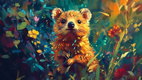 Vibrant digital painting of a small animal in floral habitat.