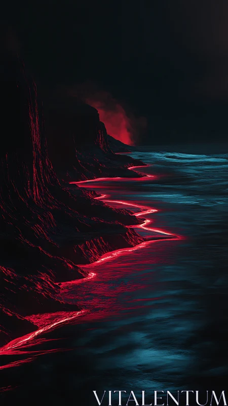 Lava coastline glows red against dark cliffs and ocean