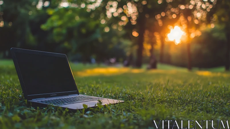 Open laptop rests on grass in a park during low sunset light