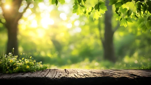 Sunlit forest clearing with wooden table and spring flowers.