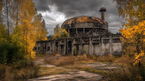 Derelict concrete reactor dome amid overgrown autumn forest.