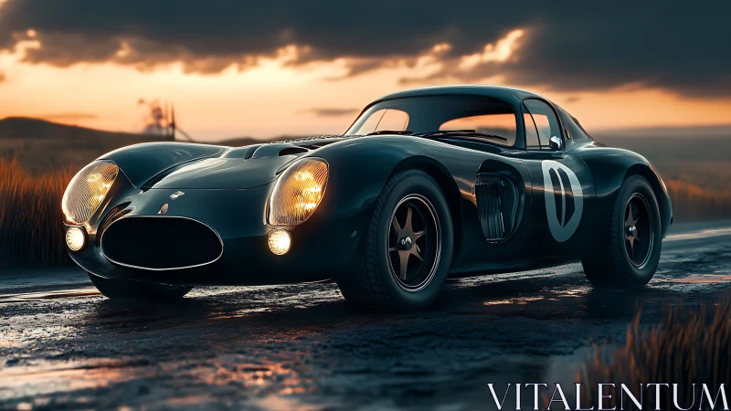 Vintage racing coupe on wet road under stormy sunset sky.