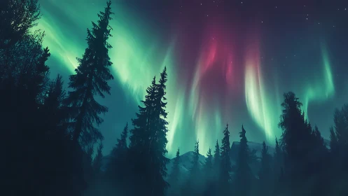 Northern lights cascade above a tranquil winter forest
