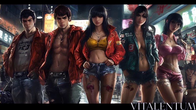 Urban street group stands in neon-lit alley at night