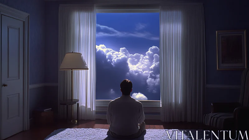 Solitary figure gazes through window into luminous cloudscape.