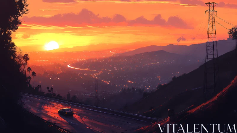 Sunlit highway overlooks glowing valley city at sunset