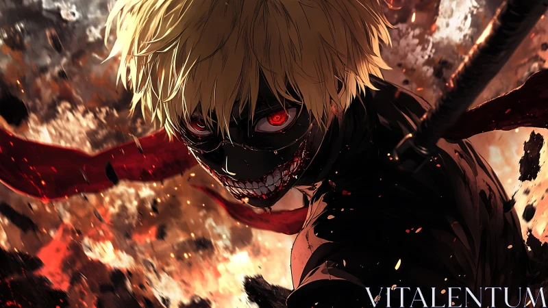 Masked antihero lunges forward through chaotic flames