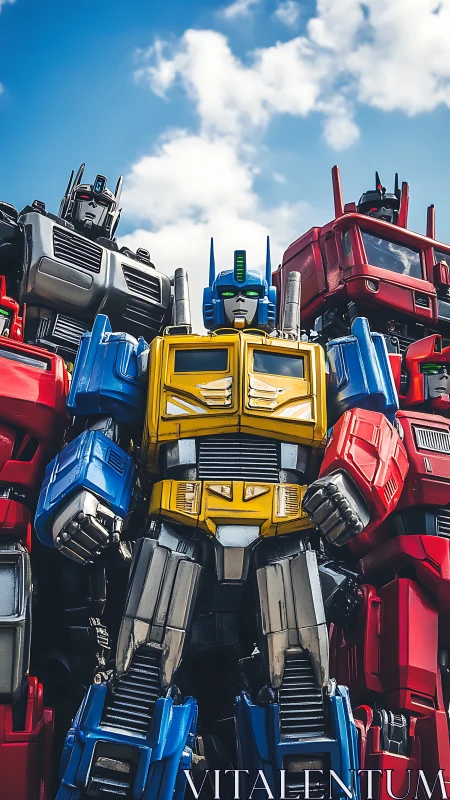 Group of colorful humanoid robots against blue sky backdrop.