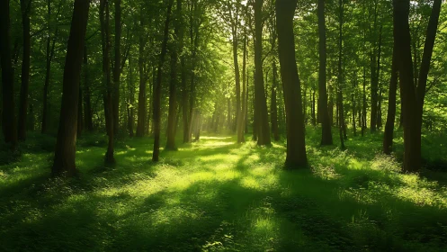 Sunlit green forest with tall trees, serene nature landscape, realistic style.