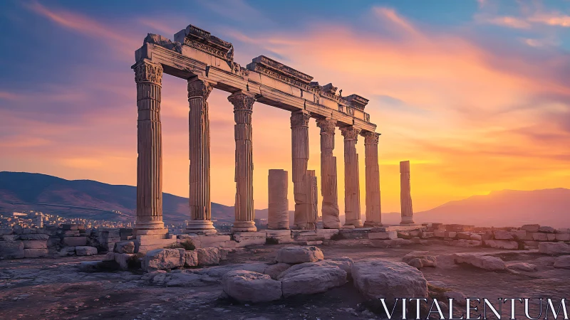 Sunlit Greek temple ruins under vivid sunset sky glow.