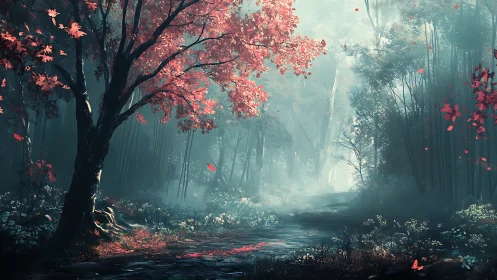 Forest path with red foliage tree in misty atmosphere