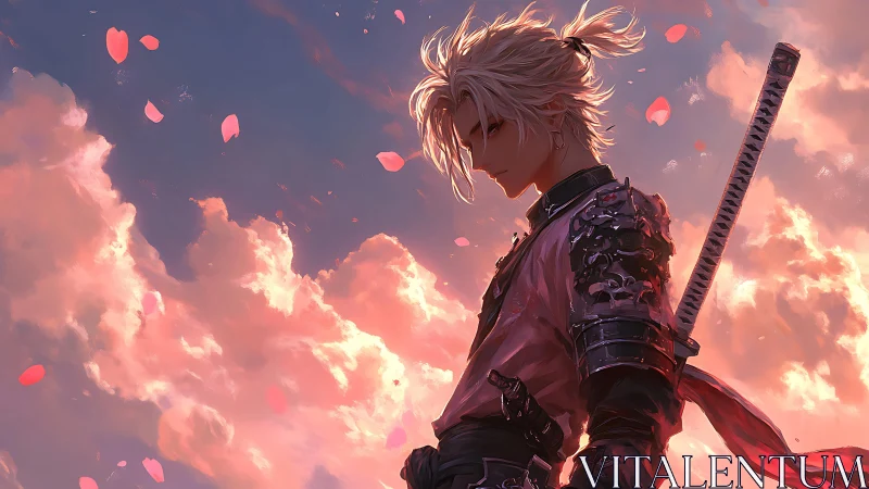 Samurai warrior stands in drifting petals at sunset sky