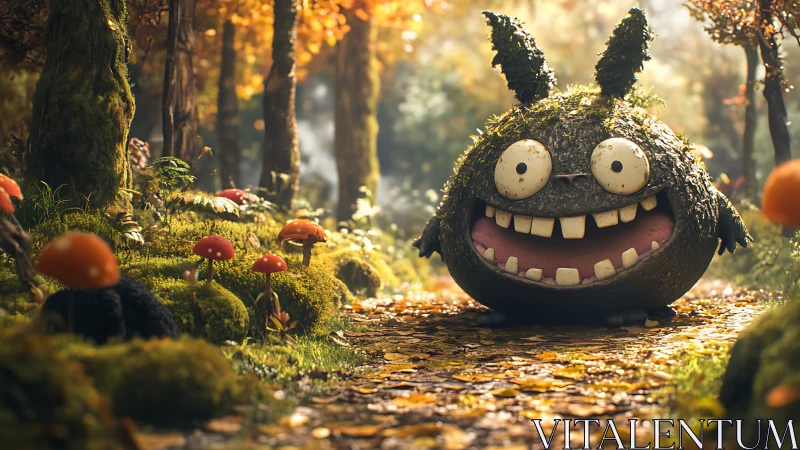 Cheerful mossy forest monster greeting curious wanderers.