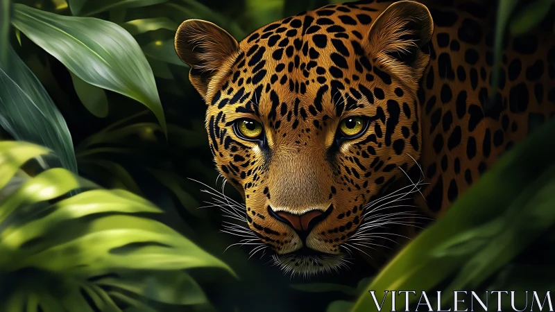 Predatory leopard gaze emerging from deep jungle foliage.