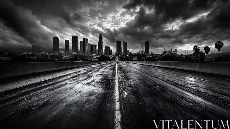 Stormy black and white city skyline over wet empty highway.