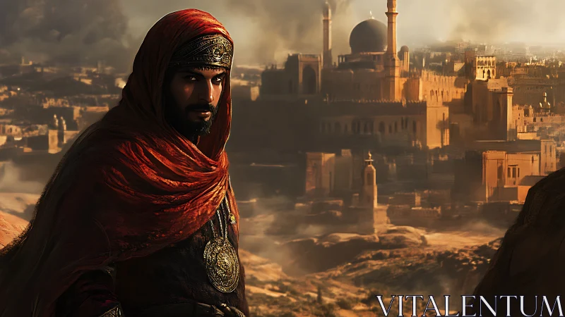 Hooded man in red robe overlooks ancient desert city