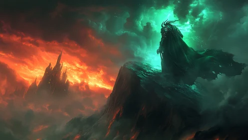 Dark warlord overlooks burning citadel under split skies
