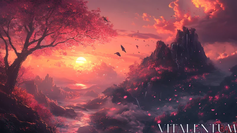 Vivid pink fantasy valley at sunset with river and peaks.