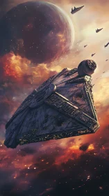 Triangular star cruiser over nebula-lit planetary horizon.