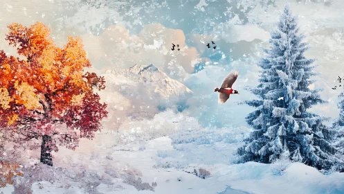 Cozy autumn meets winter wonder in a dreamy mountain scene.