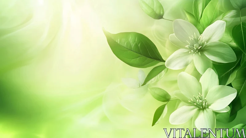Delicate white blossoms emerge amid verdant foliage with luminous bokeh backdrop.