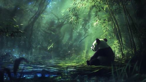 Solitary panda rests in emerald-lit bamboo forest glade.
