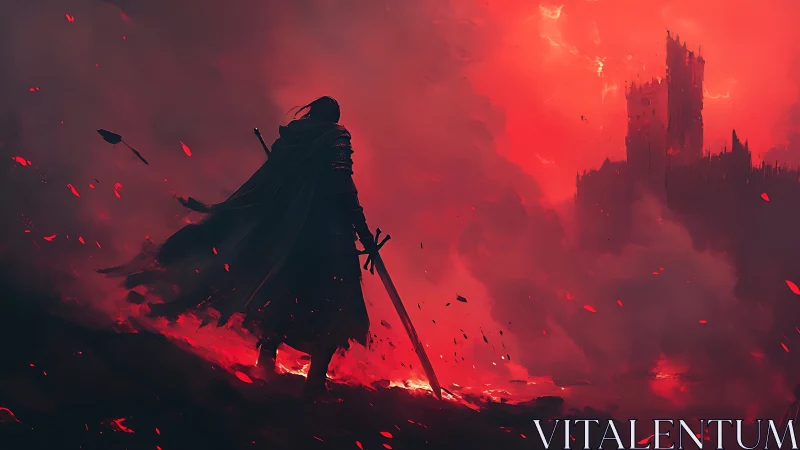Lone cloaked warrior faces burning distant fortress.