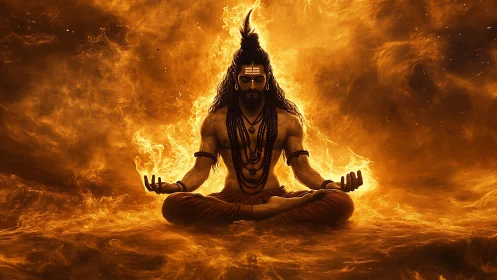 Fiery meditating deity radiates cosmic power in silence.