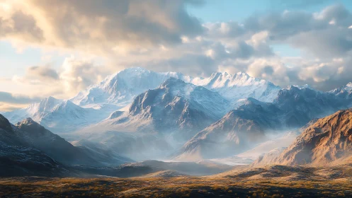 Sunlit alpine peaks rise above misty golden valley.