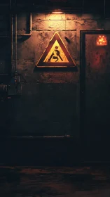 Industrial corridor warning sign under moody amber light.