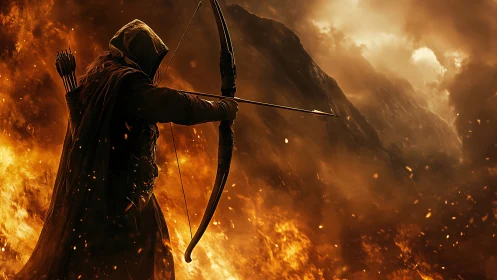 Hooded archer aiming bow amid extensive fire and smoke.