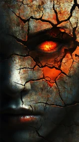 Cracked stone visage with molten inferno eye emerging.