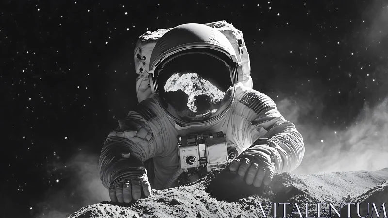 Astronaut on rocky lunar surface with reflected terrain view.