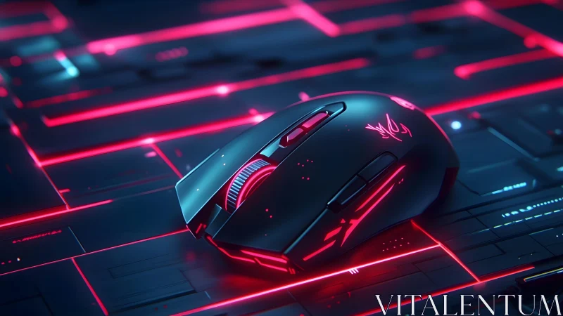 Futuristic Gaming Mouse with Neon Red LED Accents on Tech Surface. Futuristic Gaming Mouse with Neon Red LED Accents on Tech Surface.