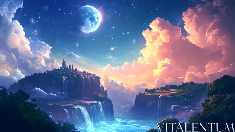 Moonlit cloud kingdoms drift above cascading dream waters.