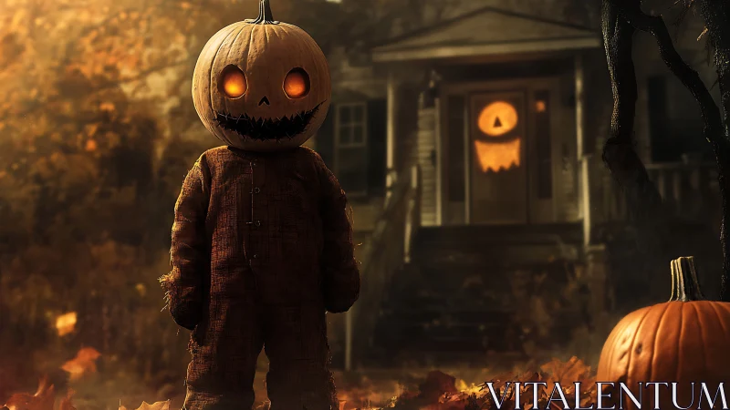 Pumpkin-headed child in burlap suit before eerie porch