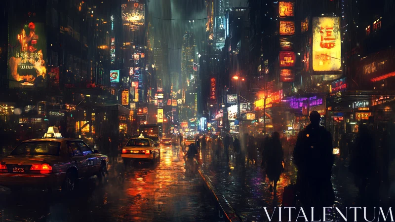 Cyberpunk rain-soaked neon avenue with dense urban silhouettes.