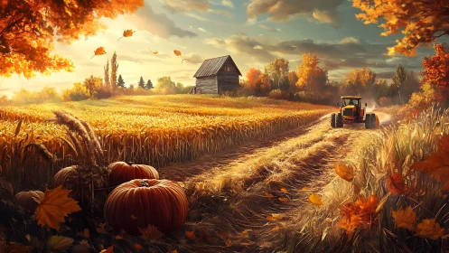 Golden tractor hums through a pumpkin-guarded autumn lane