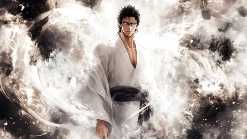 Intense anime swordsman in white robe amid swirling energy
