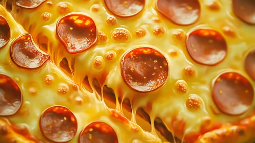 Close-up pepperoni pizza with hyper-detailed molten cheese dynamics